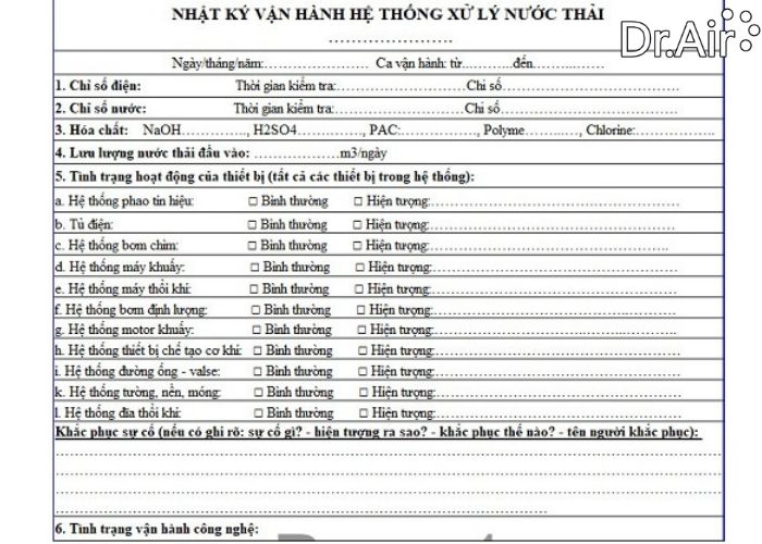 Nhật ký vận hành hệ thống xử lý khí thải